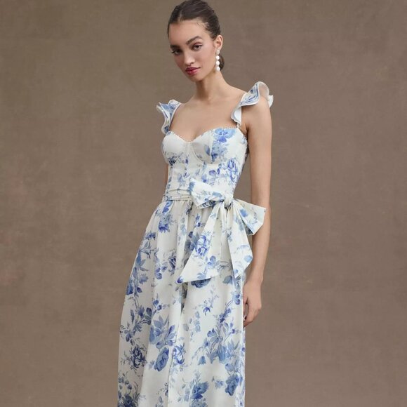 V. CHAPMAN Vera Ruffle Corset Midi Dress In Provencal Blue Floral (size 10) NWT - Picture 1 of 14